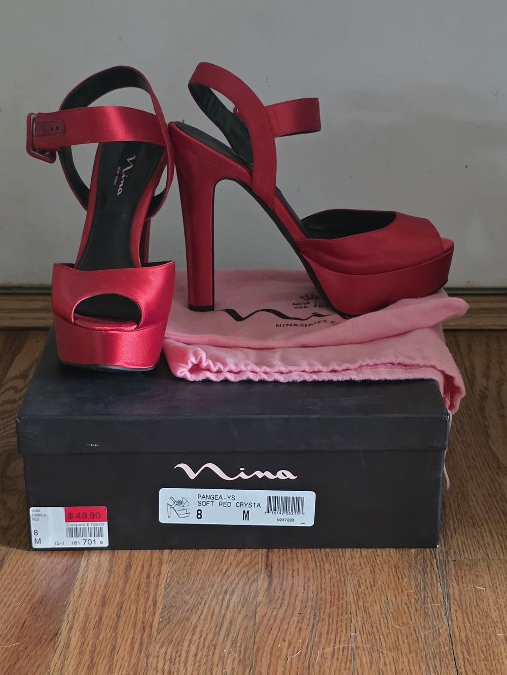 Nina Red Satin Platform Peep-Toe Heels with Ankle Strap